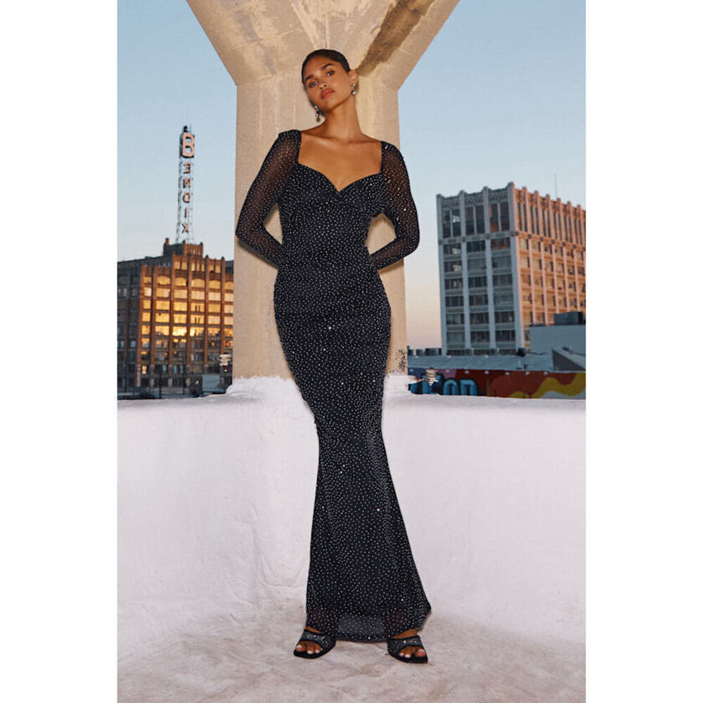 Lulus Marvelous Glam Black Mesh Rhinestone Twist-front Maxi Dress - Size M